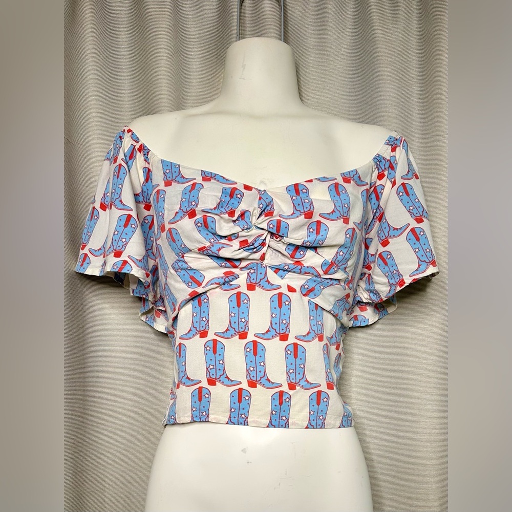 Off-Shoulder Top with Blue & Red Boot Print